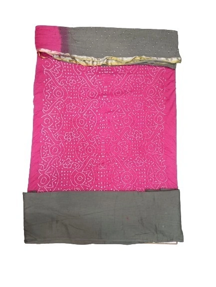 Pink &amp; Grey Color Cotton Satin Bandhani Dress Material-1