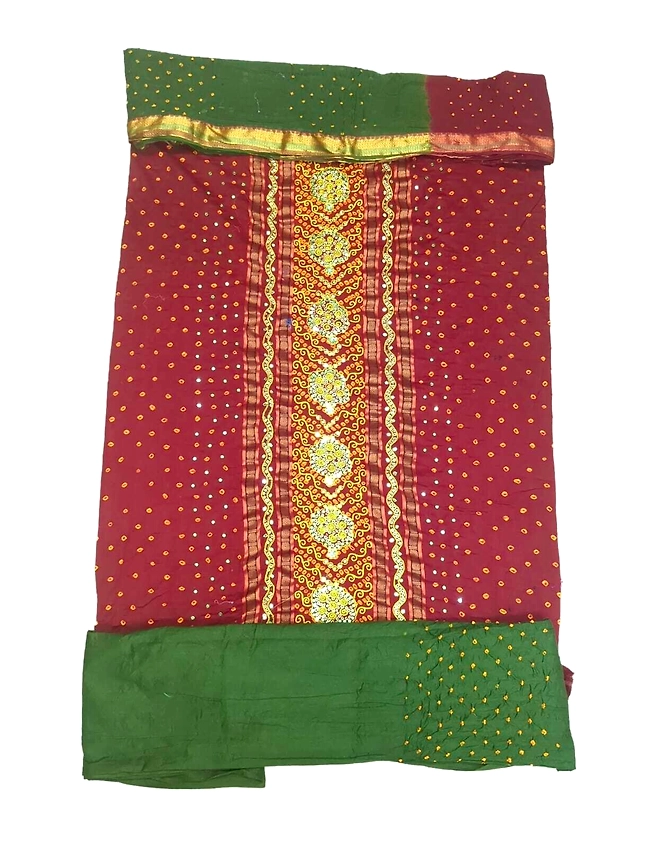 Red &amp; Green Color Hand Work Cotton Satin Bandhani Dress-1