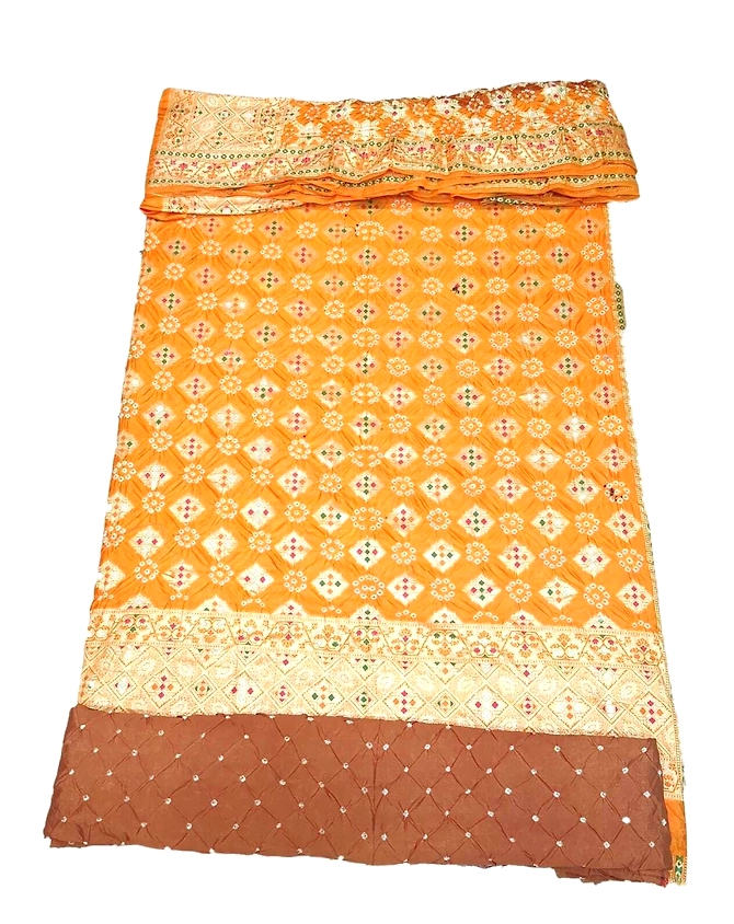 Light Orange &amp; Chiku Color Dupion Silk Bandhani Dress Material-1