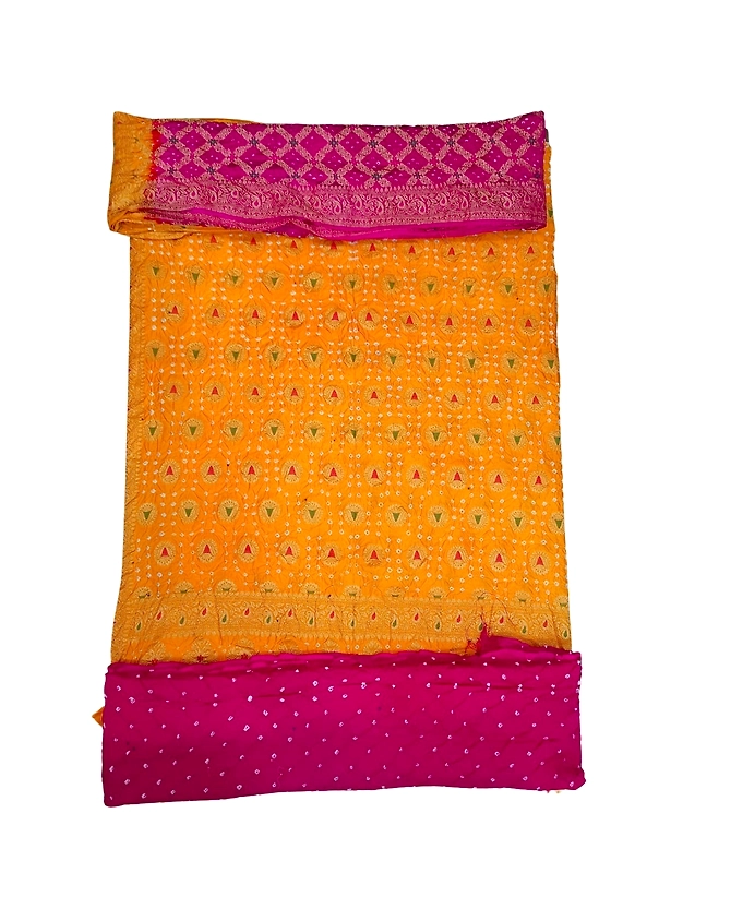 Golden &amp; Pink Color Dupion Silk Bandhani Dress-1