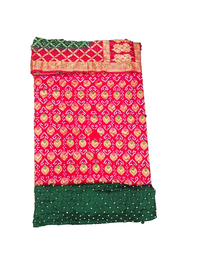 Red &amp; Green Color Dupion Silk Bandhani Dress-1