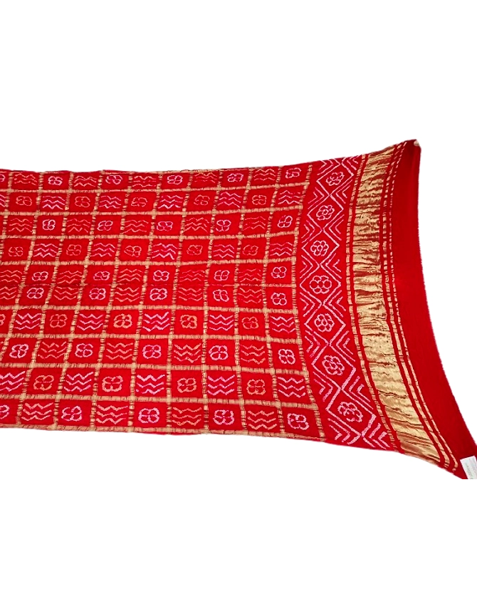 All Over Red Color Chex Design Gaji silk Bandhani Dupatta-1