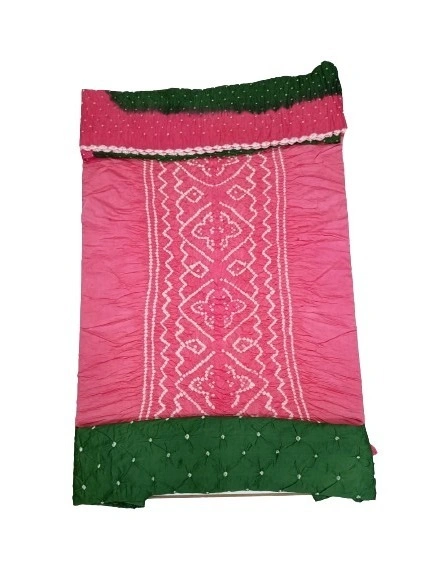 Pink &amp; Green Color Cotton Satin Bandhani Dress Material-2