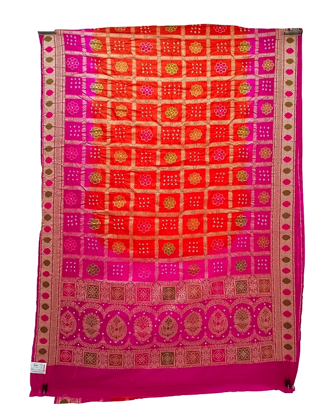 Pink &amp; Orange Color Dupion Silk Bandhani Saree-KSA6X-90431