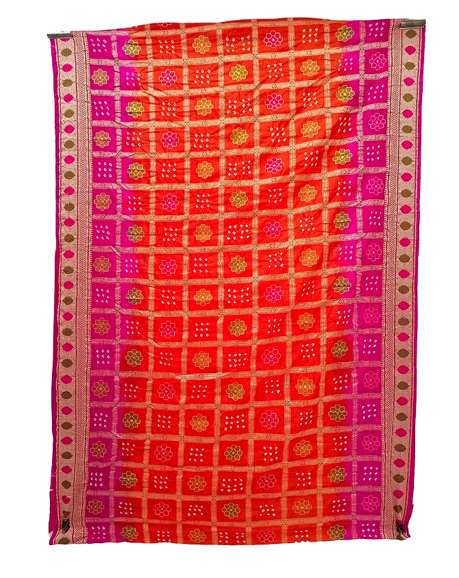 Pink &amp; Orange Color Dupion Silk Bandhani Saree-1