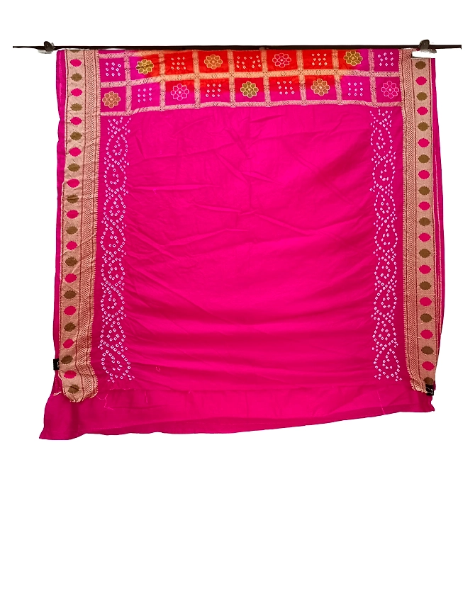 Pink &amp; Orange Color Dupion Silk Bandhani Saree-2