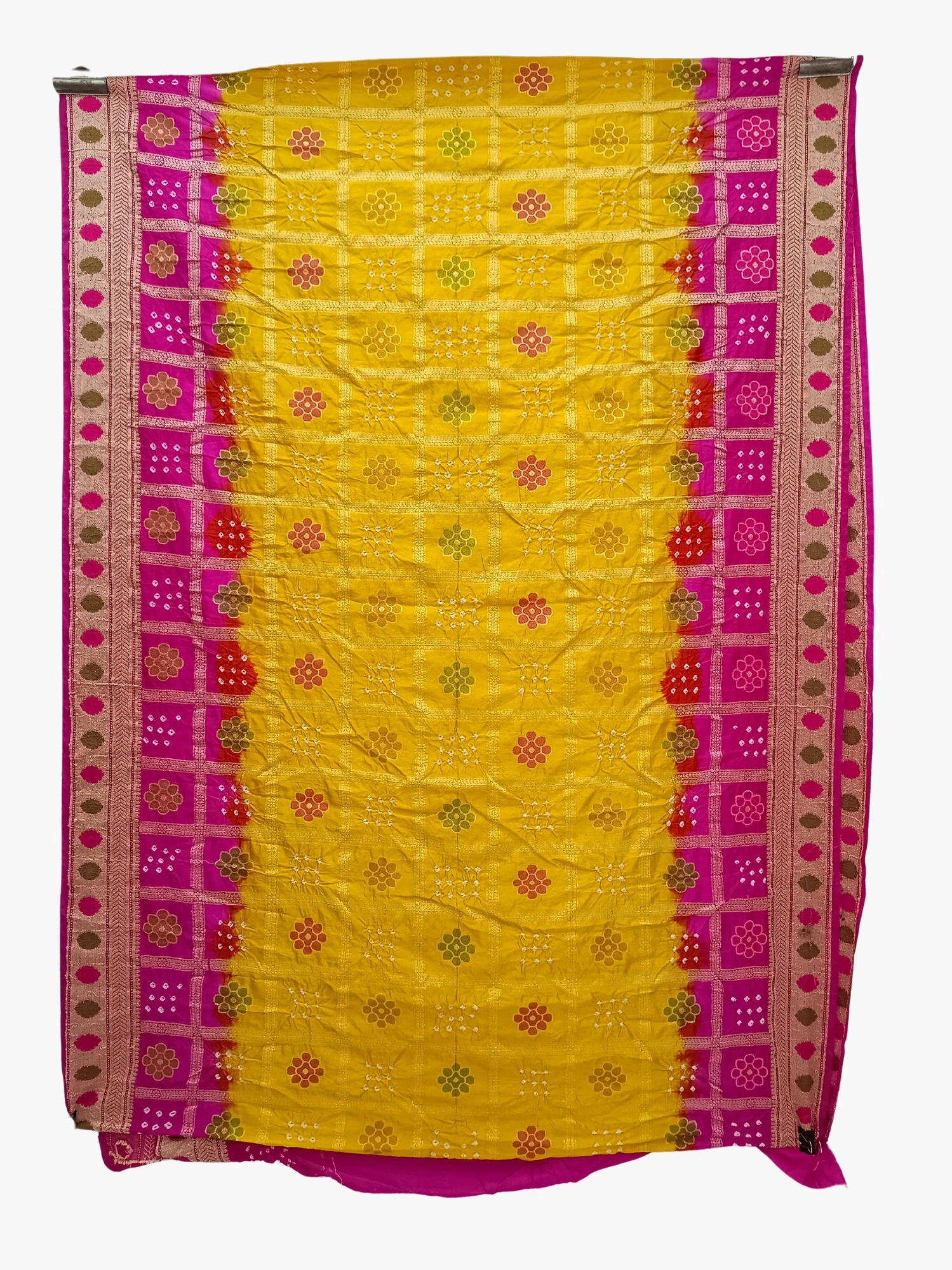 Pink &amp; Yellow Color Dupion Silk Bandhani Saree-1