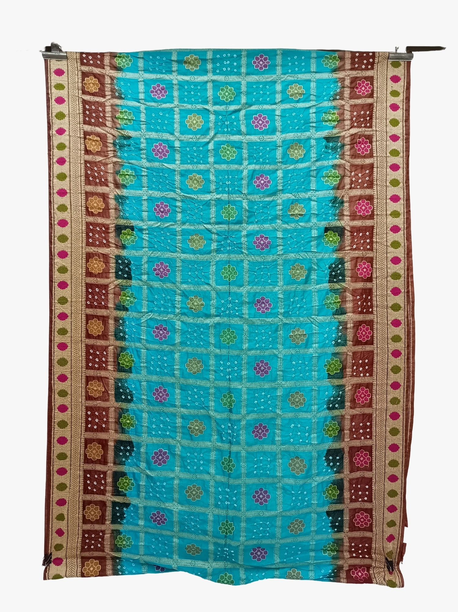 Chocolate &amp; Rama Color Dupion Silk Bandhani Saree-1