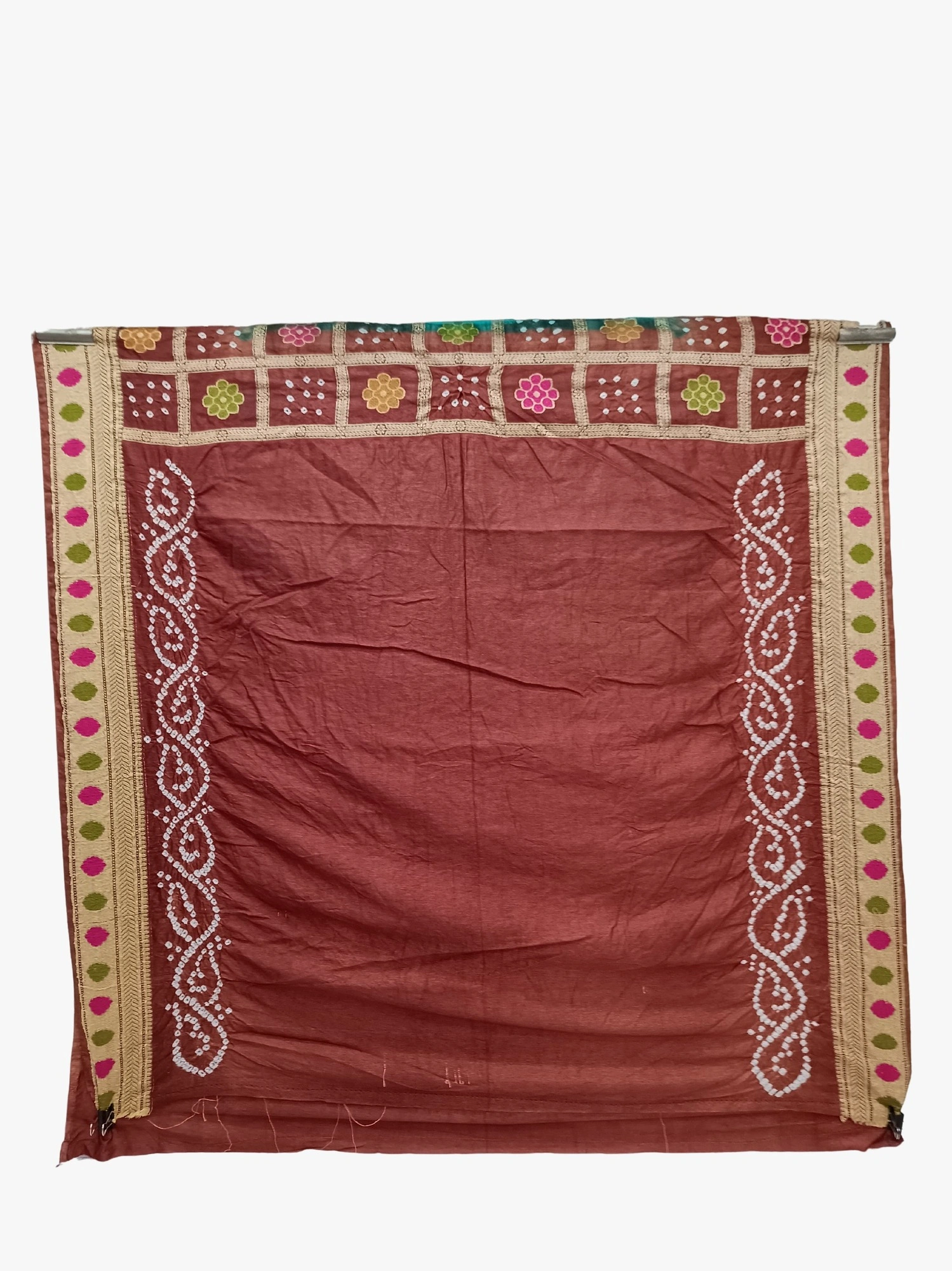 Chocolate &amp; Rama Color Dupion Silk Bandhani Saree-2