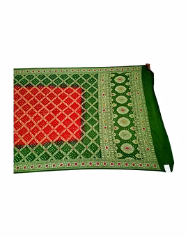 Green & Red Color Dupion Silk Bandhani Saree