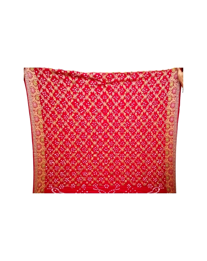 All Over Red Color Dupion Silk Bandhani Saree-2