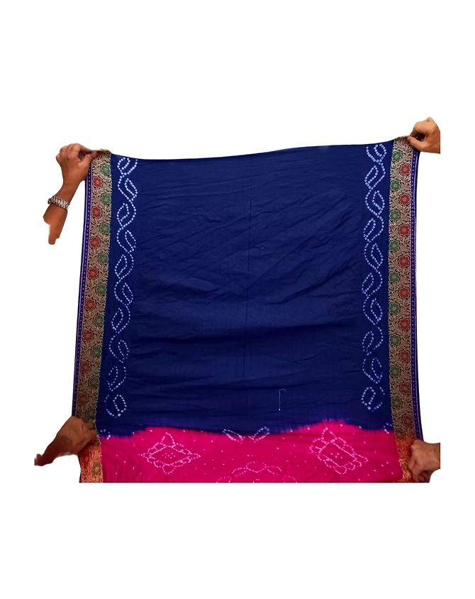 Blue &amp; Pink Color Dupion Silk Bandhani Saree-2