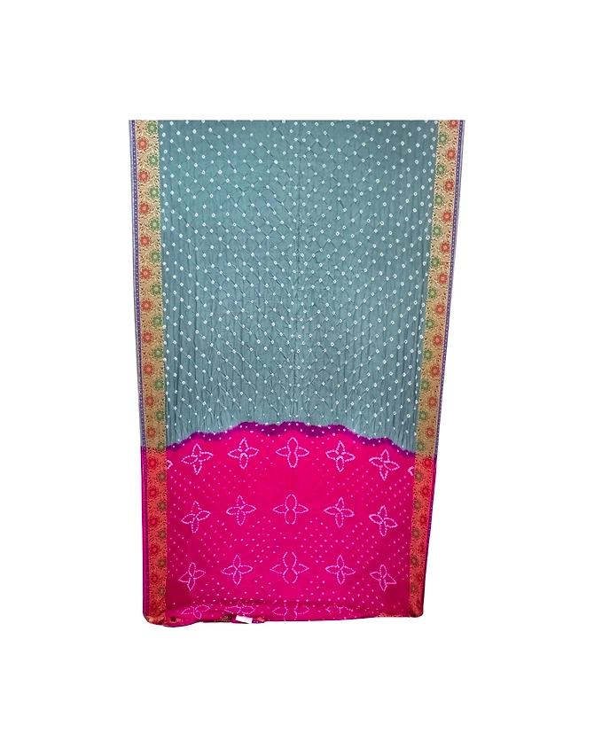Pink &amp; Grey Color Dupion Silk Bandhani Saree-1