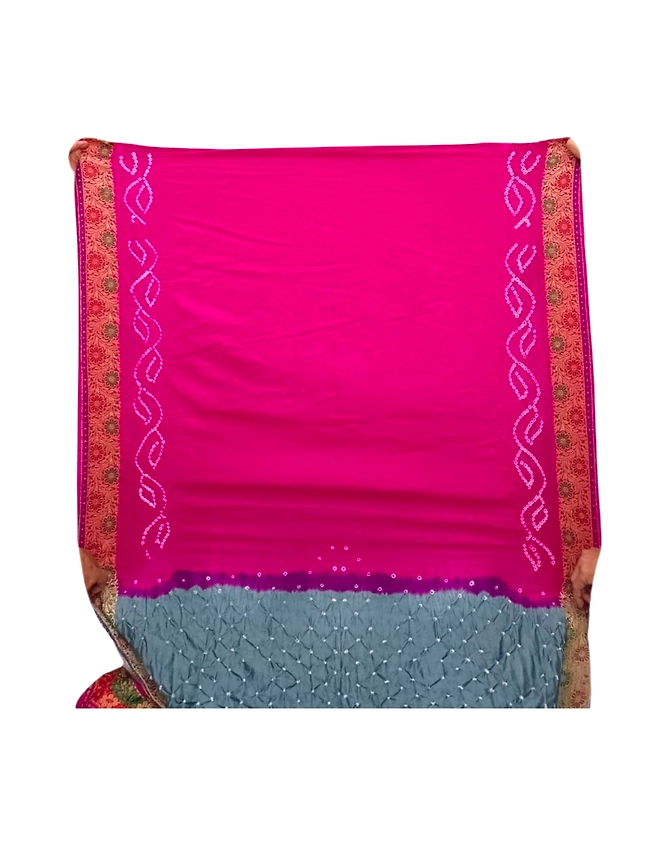 Pink &amp; Grey Color Dupion Silk Bandhani Saree-2