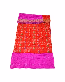 Orange & Pink Color Dupion Silk Bandhani Dress