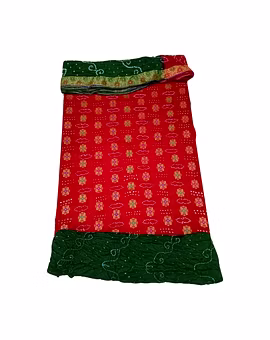 Red & Green Color Dupion Silk Bandhani Dress