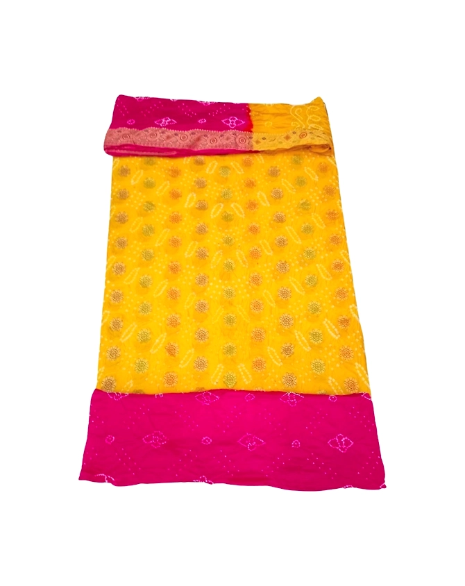 Golden &amp; Pink Color Dupion Silk Bandhani Dress-KSB6X-10300