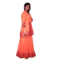 Short Frock Style Kurti With Skrit-Orange-Linen-M