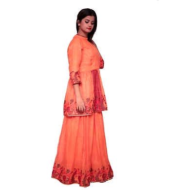 Short Frock Style Kurti With Skrit-XL-Linen-Orange-1