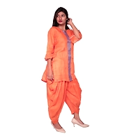 Straight Kurti With Dhoti-Orange-Linen-M
