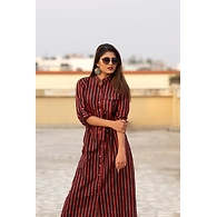 Western Long Shirt-Red-Linen-M