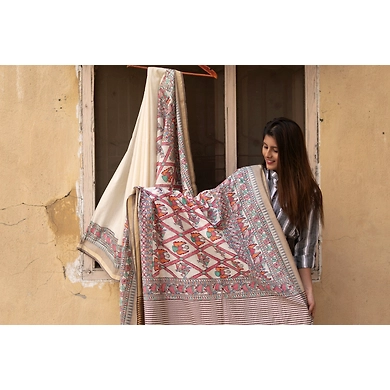 Madhubani Hand Painting Saree-M-Ari Silk-Off White-2