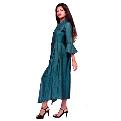 A Line Long Kurti-XL-Linen-Dark Firozi-2
