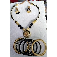 Black and Grey Colour Silk Thread Necklace with Bangle and Earring Set