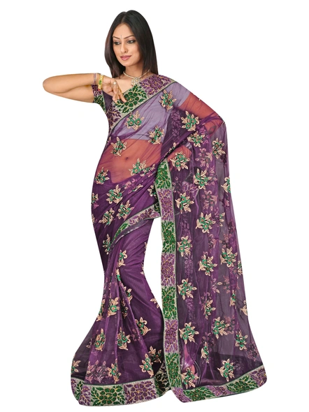Net Emboridered Saree in Purple-1
