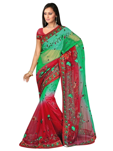 Green To Maroon Shaded Net Embroidered Saree-184