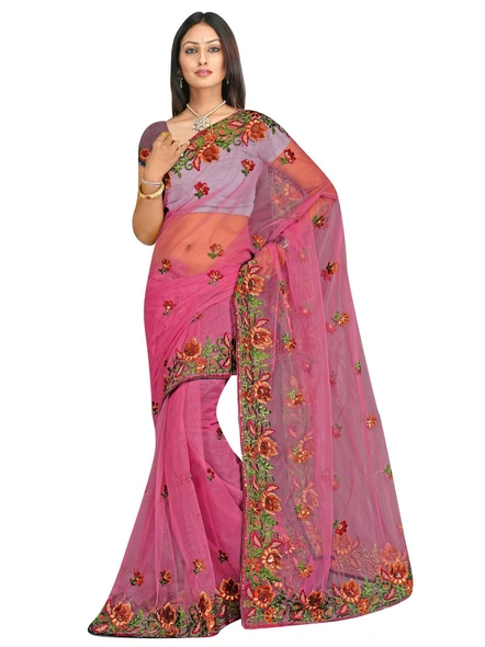 Dust Pink Net Embroidered Saree-205