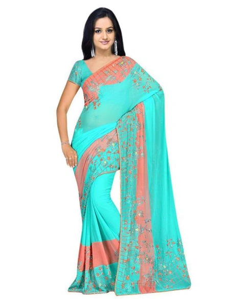 Green Georgette Hand Embroidered Saree-1