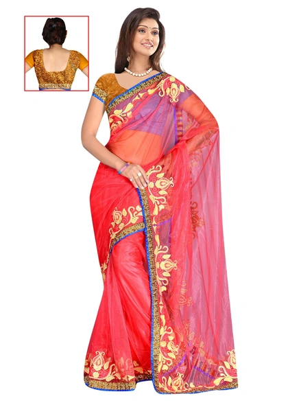 Net Embroidered Saree in Pink-1