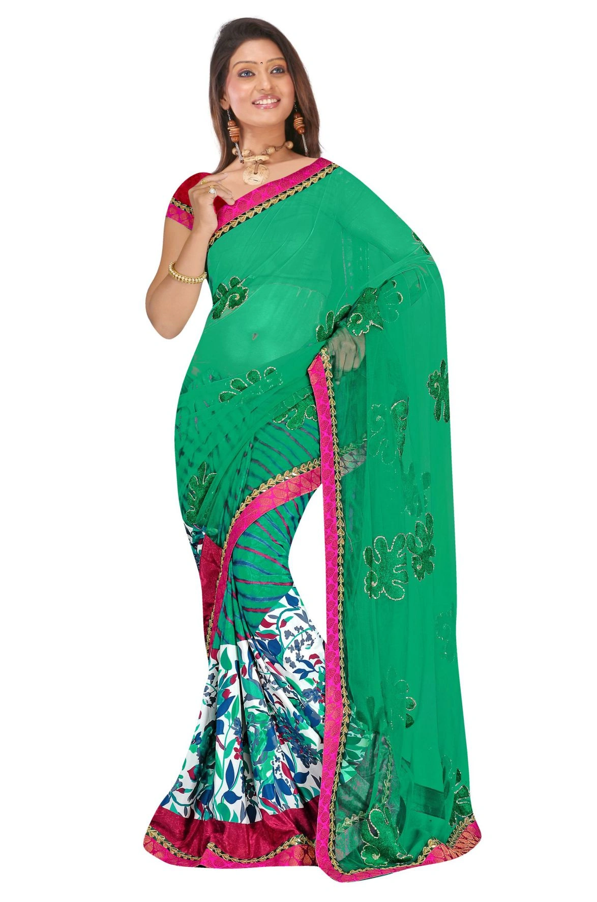 Half Half Embroidered Saree in Green 266-266