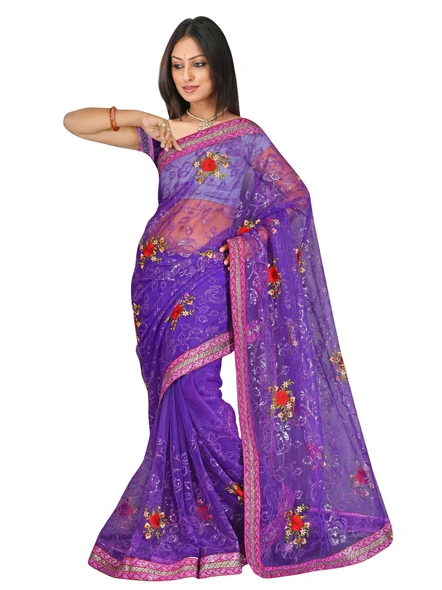 Purple Net Embroidered Saree-304