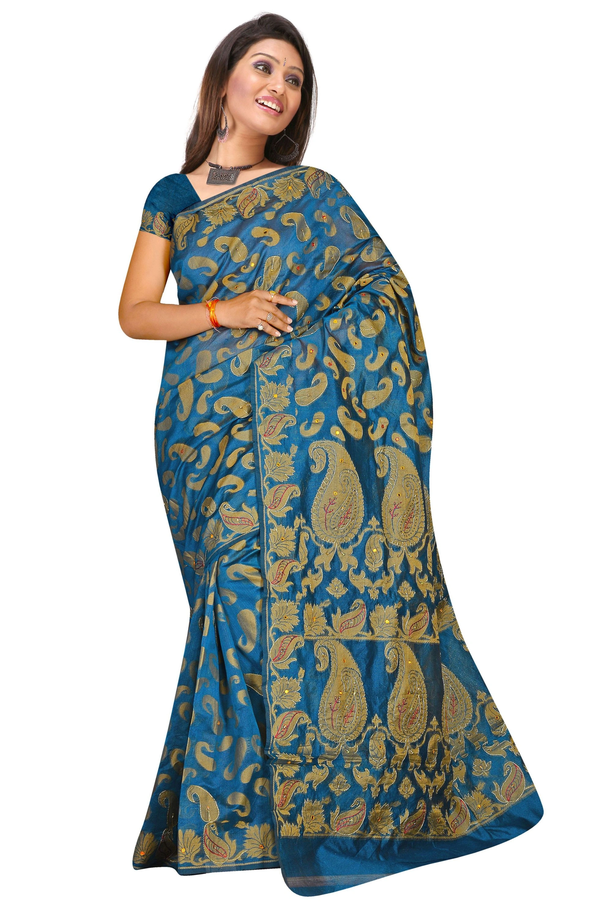 Blue Chanderi Silk Hand Embroidered Woven Saree 357-357