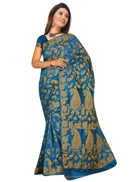 Blue Chanderi Silk Hand Embroidered Woven Saree-357