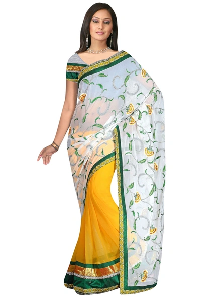 Half Half Embridered Saree In White And Yellow-393