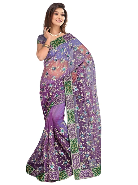Purple Net Embroidered Saree-396