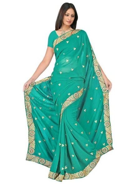 Green Georgette Embroidered Saree-410