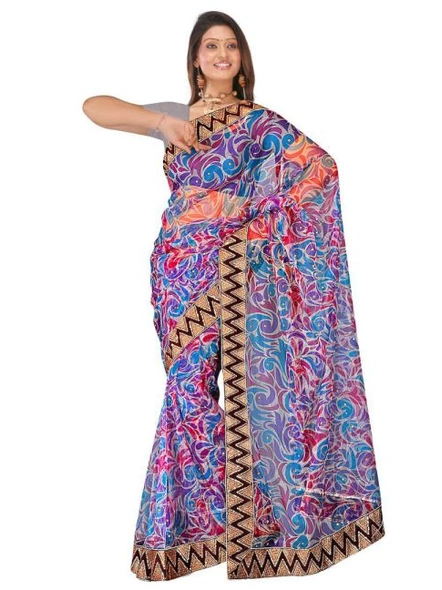 Blue Printed Net Embroidered Saree-433