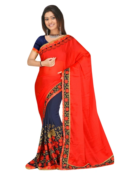 Red To Navy Blue Half Half Embroidered Saree-506A