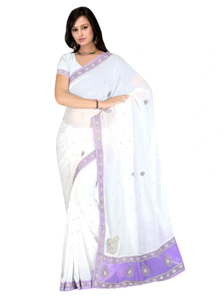 White Georgette Hand Embroidered Saree-519A