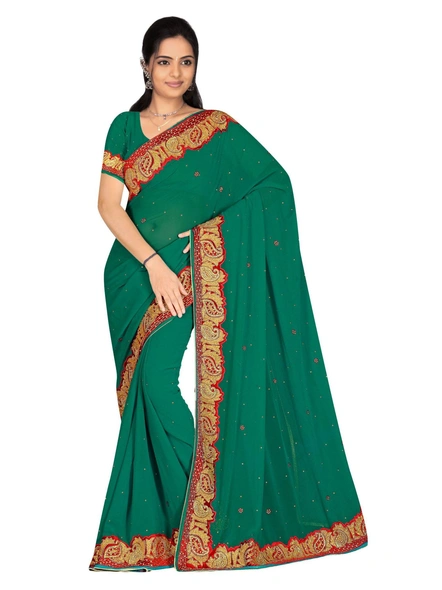 Green Georgette Hand Embroidered Saree-816