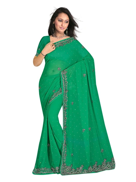 Green Georgette Hand Embroidered Saree-818