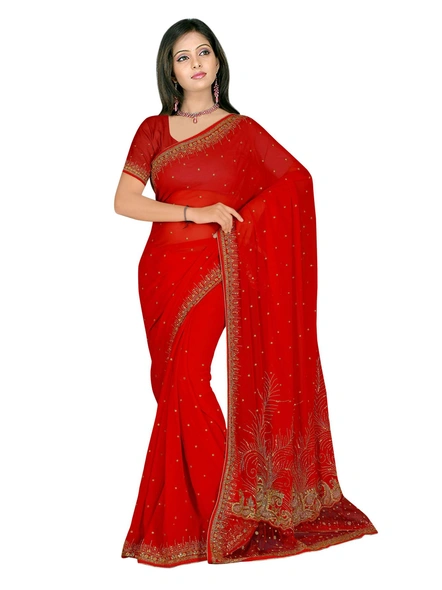 Red Georgette Hand Embroidered Saree-827