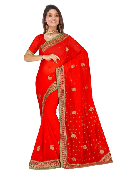Red Georgette Embroidered Saree-829
