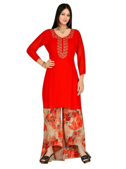 Red Embroidered Georgette Kurti with Trouser-875L