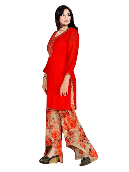Red Embroidered Georgette Kurti with Trouser-L-1
