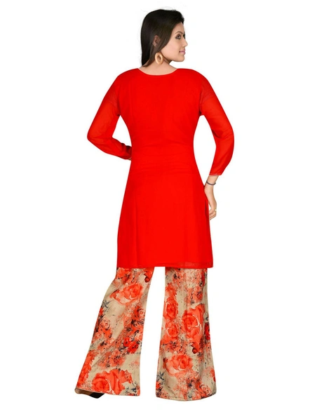 Red Embroidered Georgette Kurti with Trouser-L-2